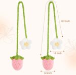 JOERSH Crochet Strawberry and Flower Rear View Mirror Accessories, 2 Pcs Cute Car Hanging Ornaments, Pink Handmade Car Interior Decorations for Women Girls - Image 3