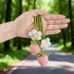 JOERSH Crochet Strawberry and Flower Rear View Mirror Accessories, 2 Pcs Cute Car Hanging Ornaments, Pink Handmade Car Interior Decorations for Women Girls - Image 7