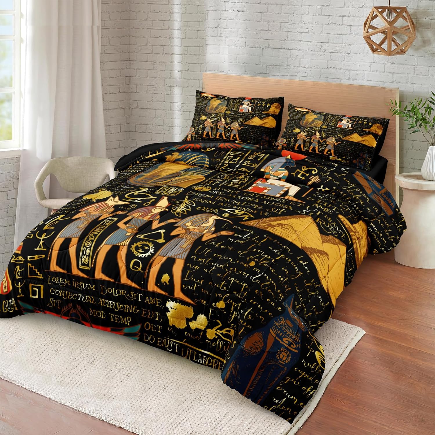 MOVE OVER Black Gold Ancient Egypt Comforter Set King 4 Pieces Egyptian Symbol Bedding Set Vintage Ancient Egyptian Tribe Comforter Set Pharaoh Pyramid Sphinx Bedding Set for All Season - Image 3