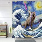 Funny Cat Shower Curtain, Cool Dinosaur Cat in Japanese Kanagawa Waves Shower Curtain for Bathroom, Blue Ocean Fabric Hilarious Anime Shower Curtain Set with 12PCS Hooks, 70X85IN - Image 3
