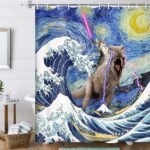 Funny Cat Shower Curtain, Cool Dinosaur Cat in Japanese Kanagawa Waves Shower Curtain for Bathroom, Blue Ocean Fabric Hilarious Anime Shower Curtain Set with 12PCS Hooks, 70X85IN - Image 4
