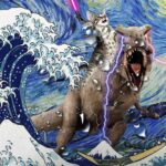 Funny Cat Shower Curtain, Cool Dinosaur Cat in Japanese Kanagawa Waves Shower Curtain for Bathroom, Blue Ocean Fabric Hilarious Anime Shower Curtain Set with 12PCS Hooks, 70X85IN - Image 6