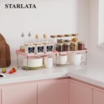 2 Pcs Cabinet Organizer Shelf，Stackable Kitchen Counter Shelves, Spice Rack,Countertop Organizers，Pink Plastic Storage Shelves Rack for Makeup，Bathroom, Cupboard，Desk，Pantry Organization - Image 3
