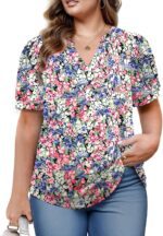 VOGRACE Womens Plus Size Tops Summer Puff Sleeve Shirts Casual Pleated Notched V Neck Tunics Tee XL-5XL - Image 3