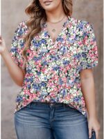 VOGRACE Womens Plus Size Tops Summer Puff Sleeve Shirts Casual Pleated Notched V Neck Tunics Tee XL-5XL - Image 6