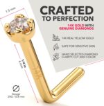 14K Solid Gold Nose Ring Studs - 1.5mm (0.015 cttw) Genuine Diamond L Shaped 20 Gauge 1/4" Real Gold Nose Ring Piercing Jewelry - 14 K Gold Nose Stud, Nose Piercings, Gold Nose Studs for Women, Men - Image 3