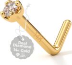 14K Solid Gold Nose Ring Studs - 1.5mm (0.015 cttw) Genuine Diamond L Shaped 20 Gauge 1/4" Real Gold Nose Ring Piercing Jewelry - 14 K Gold Nose Stud, Nose Piercings, Gold Nose Studs for Women, Men - Image 7