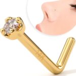 14K Solid Gold Nose Ring Studs - 1.5mm (0.015 cttw) Genuine Diamond L Shaped 20 Gauge 1/4" Real Gold Nose Ring Piercing Jewelry - 14 K Gold Nose Stud, Nose Piercings, Gold Nose Studs for Women, Men - Image 9