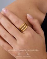 PAVOI 14K Gold Plated Chunky Curved Triple Stackable Ring for Women - Stainless Steel Three in One Statement Rings - Waterproof Thick Multi-Bands - Image 3