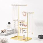 Coward 3 Tier Necklace Bracelet Earring Holder Stand, Jewelry Display Organizer with Tray, Velvet T-Bar Necklace Organizer Stand, Multi-use Metal Jewelry Holder Rack for Men Women (Gold) - Image 5