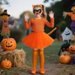 codree 7 Pcs Orange Cat Costume Accessories Set, Halloween Orange Cats Cosplay Outfits, Cats Ear Headband Nose Tail Bowtie Black Mask Tutu Skirt Socks Set for Halloween Book Day Role Play - Image 8