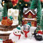 Bbiamsleep Christmas Cat Figurines with Houses Village Accessories, Resin Cat Figurine with Christmas Scarf Hat Ornament for Home Holiday Decor Scene, Set of 13 - Image 6