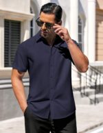 COOFANDY Mens Short Sleeve Shirt Casual Button Up Shirts for Men, Navy Blue, Small - Image 3