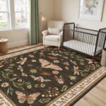 Floral Washable Rug 5x7 Area Rugs for Living Room, Insect Print Rug for Bedroom, Non Slip Throw Carpet with Rubber Back, Soft Low Pile Carpet for Dining Room Home Office, Brown - Image 4
