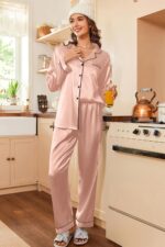 Ekouaer Women's Classic Button Down Long Satin Silk Pajama Set - Image 3
