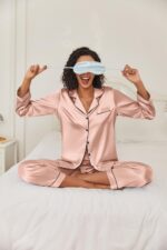 Ekouaer Women's Classic Button Down Long Satin Silk Pajama Set - Image 4