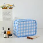Gingham Ruffle Makeup Bag,Large Travel Cute Cosmetic Bag for Women Girls,Toiletry Bag Make up Organizer 11.8 x 4.7 x 9 inch (Blue Gingham) - Image 3