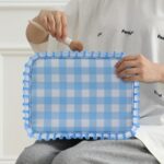 Gingham Ruffle Makeup Bag,Large Travel Cute Cosmetic Bag for Women Girls,Toiletry Bag Make up Organizer 11.8 x 4.7 x 9 inch (Blue Gingham) - Image 7