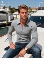 UOUA Men's Polo Shirt Quarter Zip Tops Soild Casual Geometric Texture Long Sleeve Sweaters Pullover Golf Sweatshirts - Image 3