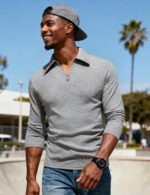 UOUA Men's Polo Shirt Quarter Zip Tops Soild Casual Geometric Texture Long Sleeve Sweaters Pullover Golf Sweatshirts - Image 4