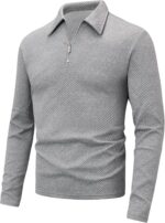 UOUA Men's Polo Shirt Quarter Zip Tops Soild Casual Geometric Texture Long Sleeve Sweaters Pullover Golf Sweatshirts - Image 6