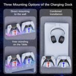 Hosanwell PS5 Wall Mount Kit with Charging Station, Compatible with PlayStation 5/Slim/Pro Disc & Digital Version, Dual Use Charging Station with Multi-Mode RGB Light, White - Image 6