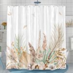 JAWO Rustic Boho Leaves Shower Curtain, Watercolor Chic Tan Cream Pampas Grass Beige Botanical Flower Boho Farmhouse Floral Shower Curtain Set with Hooks 72X72inches - Image 3