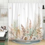 JAWO Rustic Boho Leaves Shower Curtain, Watercolor Chic Tan Cream Pampas Grass Beige Botanical Flower Boho Farmhouse Floral Shower Curtain Set with Hooks 72X72inches - Image 4