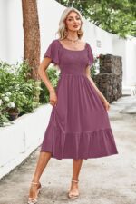 AUSELILY Women's Summer Empire Waist Dress Smocked Flutter Short Sleeve Square Neck Midi Dresses 2026 New - Image 3