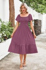 AUSELILY Women's Summer Empire Waist Dress Smocked Flutter Short Sleeve Square Neck Midi Dresses 2026 New - Image 4