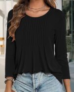 CHICGAL Womens 3/4 Length Sleeve Tops Casual Crew Neck T Shirt Pleated Loose Fit Blouses - Image 3