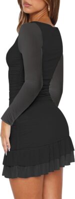 HOCILLE Women's Sexy Bodycon Boat Neck Mini Dresses Mesh Long Sleeve Ruched Ruffle Hem Club Party Short Dress - Image 3