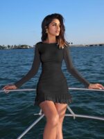 HOCILLE Women's Sexy Bodycon Boat Neck Mini Dresses Mesh Long Sleeve Ruched Ruffle Hem Club Party Short Dress - Image 6