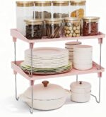 2 Pcs Cabinet Organizer Shelf，Stackable Kitchen Counter Shelves, Spice Rack,Countertop Organizers，Pink Plastic Storage Shelves Rack for Makeup，Bathroom, Cupboard，Desk，Pantry Organization - Image 2