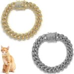 2 Pcs Diamond Cuban Link Kitten Walking Collar with Secure Buckle Pet Rhinestones Necklace Metal Chain Jewelry Accessories for Cats Dogs Kittens Puppies 10inch, Gold and Slivery - Image 2