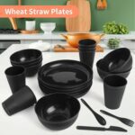 36 pcs Wheat Straw Dinnerware Sets, Unbreakable Reusable Dinnerware Set Kitchen Cups Plates and Bowls Sets, Dishwasher Microwave Safe Plates,Outdoor Camping Dishes (Black) - Image 2
