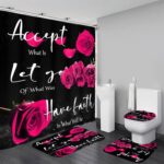 4 Pcs Red Rose Shower Curtain Sets Non-Slip Rugs Bath Mat Toilet Cover U Shaped Mat Thankful Grateful Blessed Black Red Shower Curtain with 12 Hooks Bathroom Set - Image 2