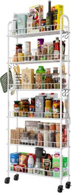 6 Tier Slim Rolling Storage Cart with Wheels, Metal Mobile Shelving Unit Organizer Utility Cart for Office Bathroom Kitchen Laundry Room Narrow Places (White 6 Inches) - Image 2