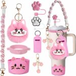 8Pcs Cat-Themed Cup Accessories for Stanley Tumbler, Includes Cat Paw Straw Topper, Water Bottle Handle, Boot, Fluffy Cat Face Charms, Keychain and Lip Balm Sleeve - Image 2