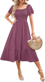 AUSELILY Women's Summer Empire Waist Dress Smocked Flutter Short Sleeve Square Neck Midi Dresses 2026 New - Image 2