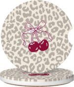 Absorbent Car Coasters for Cup Holders, 2 Pack Universal Anti Slip Ceramic Cup Coaster for Women Men 2.56 Inch Car Interior Accessories - Bow Tie Cherry Leopard 008 - Image 2