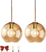 Amber Glass Pendant Lights Kitchen Island Lighting Globe Pendant Light Fixtures Modern Pendant Lighting for Kitchen Island Bedroom Living Dining Room Light Fixture(7.9in, 2-Pack) - Image 2