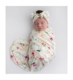 Baby Receiving Blanket Swaddle Blanket Infant Wrap with Matching Headband Beanie and Name Card (Ink Red Floral) - Image 2