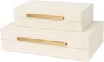 Beige Shagreen Decorative Storage Boxes – Set of 2 Faux Leather Jewelry & Memory Boxes with Gold Metal Handles, Nesting Photo Organizers for Home Decor, Gift, and Office Organization - Image 2
