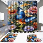 Butterfly Flower Shower Curtain and Rugs Bathroom Set Watercolor Nature Scenery Plant Floral Shower Curtains Waterproof Polyester Wildflower Botanical Bath Curtain Mat Toilet Restroom Home Accessories - Image 2