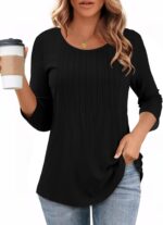 CHICGAL Womens 3/4 Length Sleeve Tops Casual Crew Neck T Shirt Pleated Loose Fit Blouses - Image 2