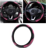 Car Steering Wheel Cover, 15 inch Carbon Fiber Microfiber PU Leather Elastic Steering Wheel Protector for Unisex, Anti-Slip Breathable Car Interior Accessories for Most Cars (Pink) - Image 2