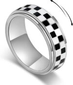 Checkered Fidget Ring for Men - 8mm 18K Gold Plated Stainless Steel Anxiety Spinner Jewelry for Adults, Modern Black and White Checkerboard Roating Ring for Stress Relief Gift for Men Women - Image 2