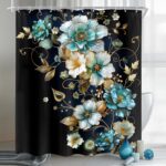 Cinbloo Blue Gold Teal Floral 60Wx72H Shower Curtain Plant Flower Peony Turquoise Herbs Botanical Botany Pretty Elegant Beautiful Bathroom Curtain Set Girls Woman Bath Bathroom Accessories Decor - Image 2