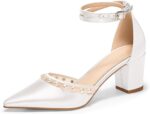 Coutgo Womens Pearl Chunky Heels Wedding Shoes for Bride Closed Pointed Toe Ankle Strap Satin Pumps - Image 2